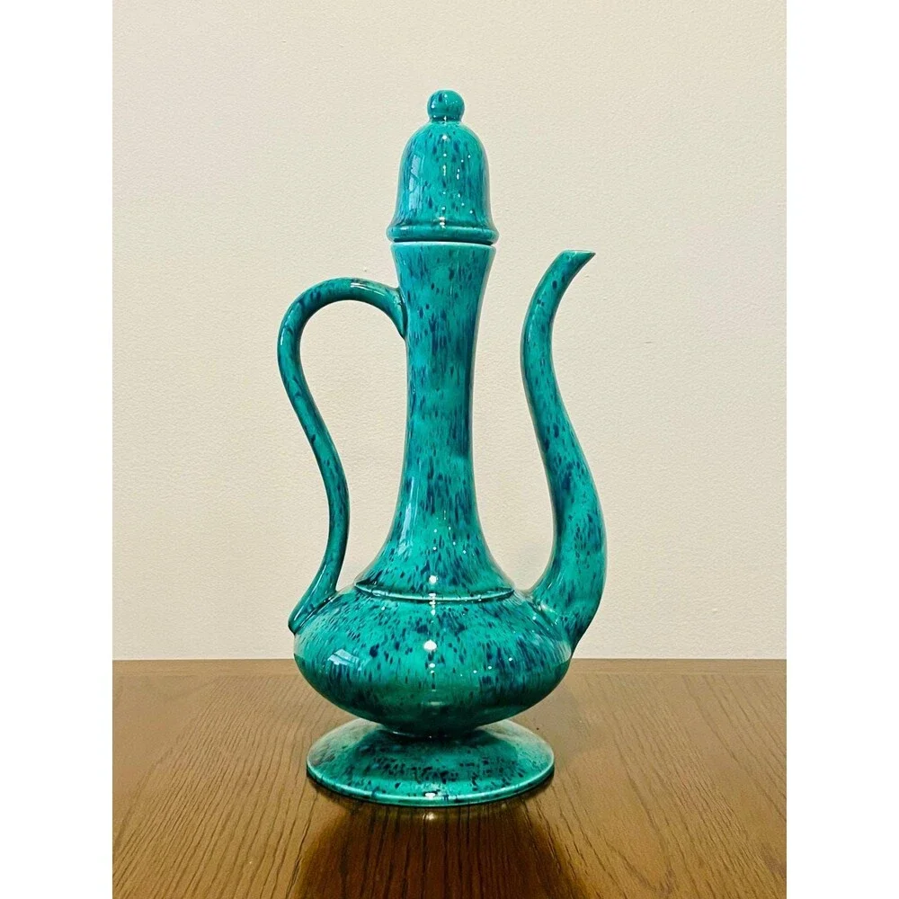 1970s Studio Pottery Genie Bottle Signed Teal Blue Speckled Glaze MCM Boho Decor
